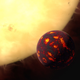 This artist’s impression shows the super-Earth 55 Cancri e in front of its parent star.